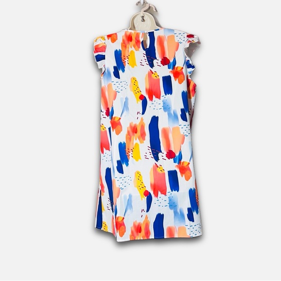 Abstract Paint Brush Print Ruffle Sleeve A-Line Tunic Dress – Lightweight - Picture 3 of 8